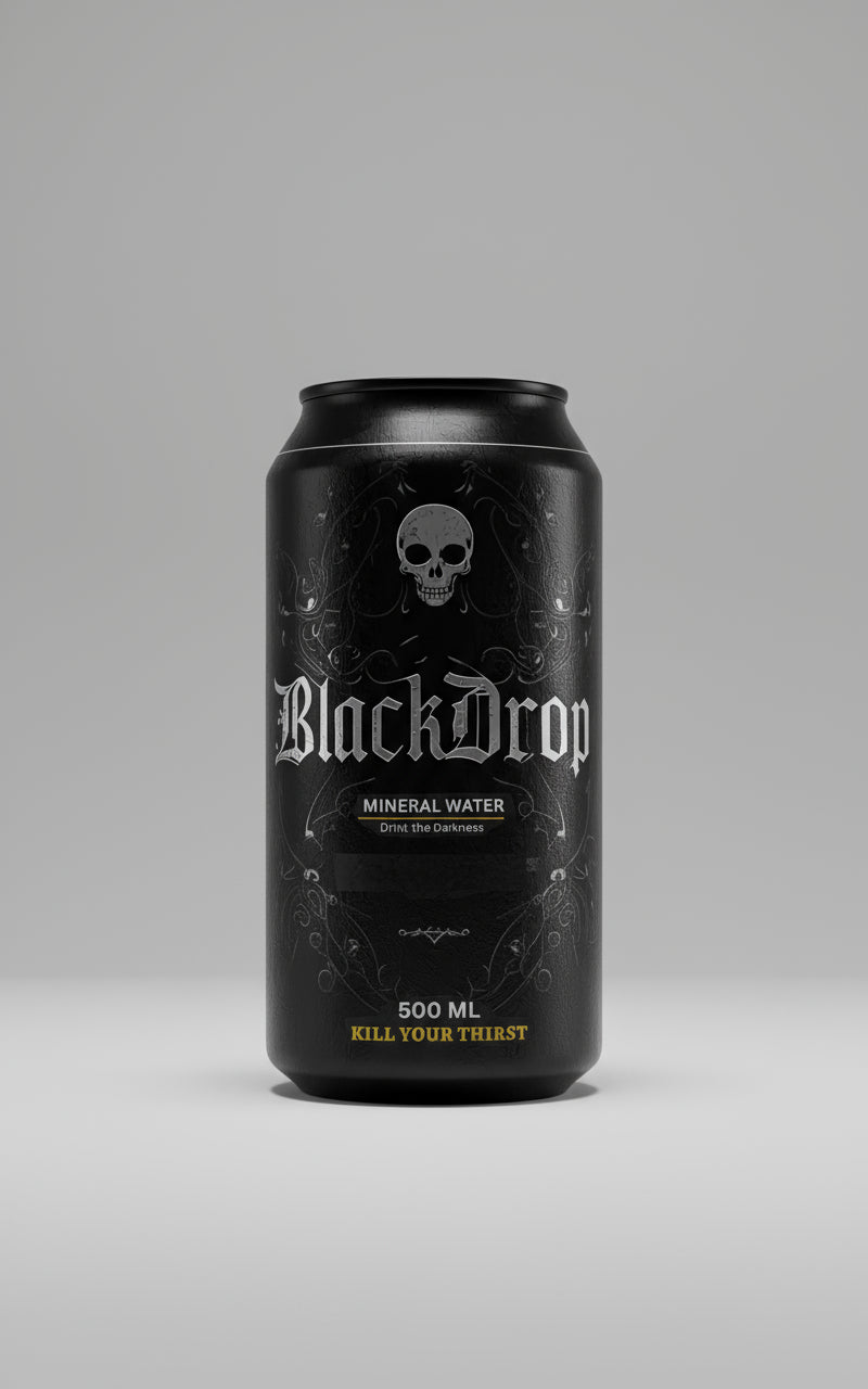 Black can of BlackDrop mineral water with a skull design on a black background