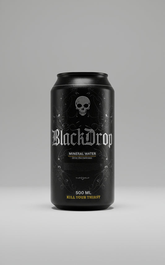 Black can of BlackDrop mineral water with a skull design on a black background